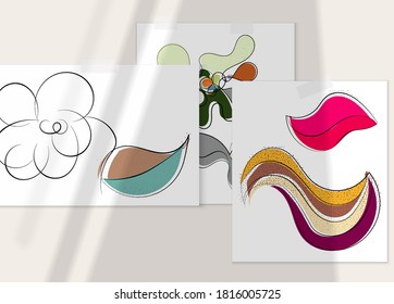 Abstract hand drawn vector artistic poster set with shadow overlay. Line art artistic illustration with texture. Retro flat colors organic natural design. Organic healthy vegan doodle.