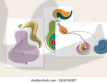Abstract hand drawn vector artistic poster set with shadow overlay. Line art artistic illustration with texture. Retro flat colors organic natural design. Organic healthy vegan doodle.