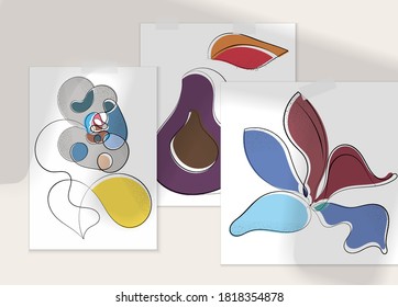 Abstract hand drawn vector artistic poster set with shadow overlay. Line art artistic illustration with texture. Retro flat colors organic natural design. Organic healthy vegan doodle.