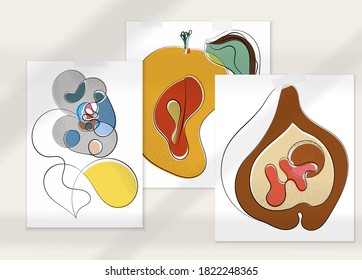 Abstract hand drawn vector artistic poster set with shadow overlay. Line art artistic illustration with texture. Retro flat colors organic natural design. Organic healthy vegan doodle.