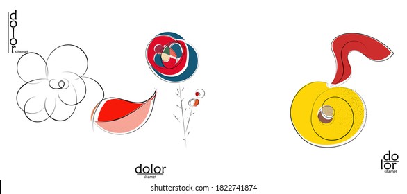 Abstract hand drawn vector artistic logo set isolated on white. Line art artistic illustration with texture. Retro flat colors organic natural Eco food design. Organic healthy vegan doodle.