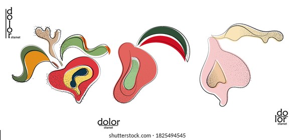 Resumen del logo artístico vectorial dibujado a mano aislado en blanco. Ilustración artística de línea con textura. Colores planos retro diseño ecológico de alimentos ecológicos naturales. Doodle vegetal orgánico sano.