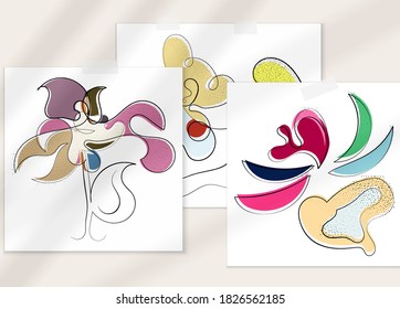Abstract hand drawn vector artistic poster set with shadow overlay. Line art artistic illustration with texture. Retro flat colors organic natural design. Organic healthy vegan doodle.