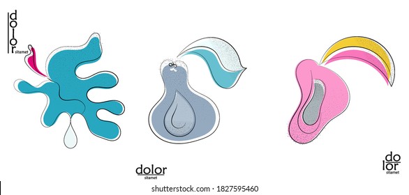 Abstract hand drawn vector artistic logo set isolated on white. Line art artistic illustration with texture. Retro flat colors organic natural Eco food design. Organic healthy vegan doodle.