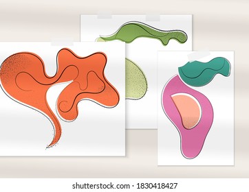 Abstract hand drawn vector artistic poster set with shadow overlay. Line art artistic illustration with texture. Retro flat colors organic natural design. Organic healthy vegan doodle.