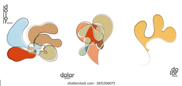 Abstract hand drawn vector artistic logo set isolated on white. Line art artistic illustration with texture. Retro flat colors organic natural Eco food design. Organic healthy vegan doodle.