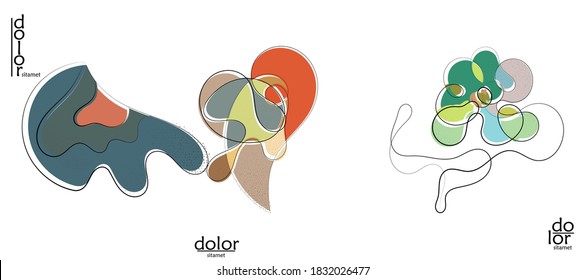 Abstract hand drawn vector artistic logo set isolated on white. Line art artistic illustration with texture. Retro flat colors organic natural Eco food design. Organic healthy vegan doodle.