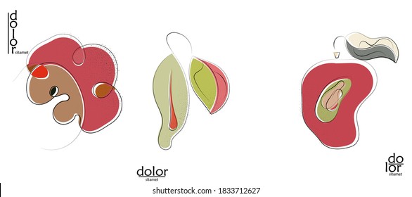 Abstract hand drawn vector artistic logo set isolated on white. Line art artistic illustration with texture. Retro flat colors organic natural Eco food design. Organic healthy vegan doodle.