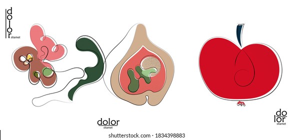 Abstract hand drawn vector artistic logo set isolated on white. Line art artistic illustration with texture. Retro flat colors organic natural Eco food design. Organic healthy vegan doodle.