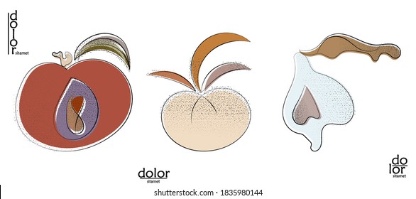 Abstraktes handgezeichnetes, Vektorgrafik-Logo einzeln auf Weiß. Kunstausstellung in Linie mit Textur. Retro flache Farben Bio-Natur Eco Food Design. Organische gesunde veganische Doodle.