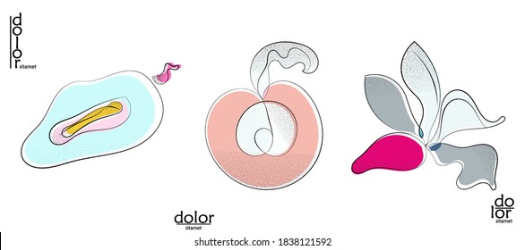 Abstract hand drawn vector artistic logo set isolated on white. Line art artistic illustration with texture. Retro flat colors organic natural Eco food design. Organic healthy vegan doodle.