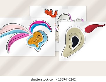 Resumen de afiche artístico vector dibujado a mano con superposición de sombra. Ilustración artística de línea con textura. Colores planos retro diseño natural orgánico. Doodle vegetal orgánico sano.
