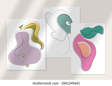 Abstract hand drawn vector artistic poster set with shadow overlay. Line art artistic illustration with texture. Retro flat colors organic natural design. Organic healthy vegan doodle.