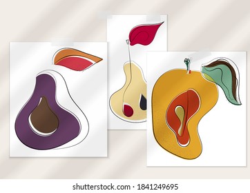 Resumen de afiche artístico vector dibujado a mano con superposición de sombra. Ilustración artística de línea con textura. Colores planos retro diseño natural orgánico. Doodle vegetal orgánico sano.