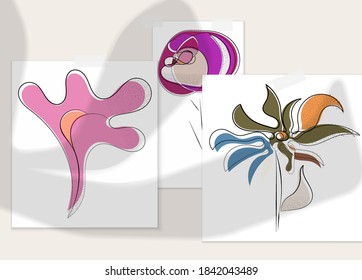 Abstract hand drawn vector artistic poster set with shadow overlay. Line art artistic illustration with texture. Retro flat colors organic natural design. Organic healthy vegan doodle.