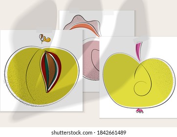 Abstract hand drawn vector artistic poster set with shadow overlay. Line art artistic illustration with texture. Retro flat colors organic natural design. Organic healthy vegan doodle.