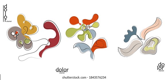 Abstract hand drawn vector artistic logo set isolated on white. Line art artistic illustration with texture. Retro flat colors organic natural Eco food design. Organic healthy vegan doodle.