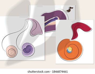 Abstract hand drawn vector artistic poster set with shadow overlay. Line art artistic illustration with texture. Retro flat colors organic natural design. Organic healthy vegan doodle.