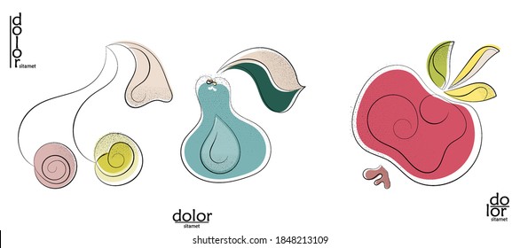 Resumen del logo artístico vectorial dibujado a mano aislado en blanco. Ilustración artística de línea con textura. Colores planos retro diseño ecológico de alimentos ecológicos naturales. Doodle vegetal orgánico sano.