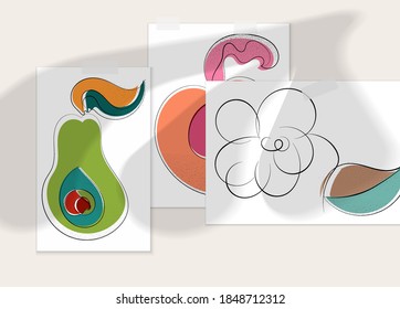Abstract hand drawn vector artistic poster set with shadow overlay. Line art artistic illustration with texture. Retro flat colors organic natural design. Organic healthy vegan doodle.