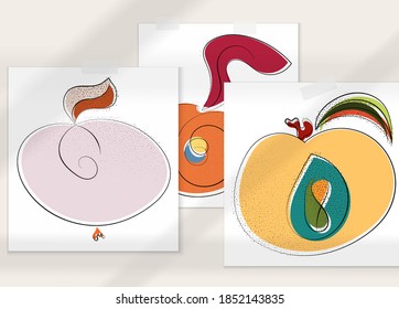 Abstract hand drawn vector artistic poster set with shadow overlay. Line art artistic illustration with texture. Retro flat colors organic natural design. Organic healthy vegan doodle.