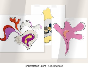 Abstract hand drawn vector artistic poster set with shadow overlay. Line art artistic illustration with texture. Retro flat colors organic natural design. Organic healthy vegan doodle.