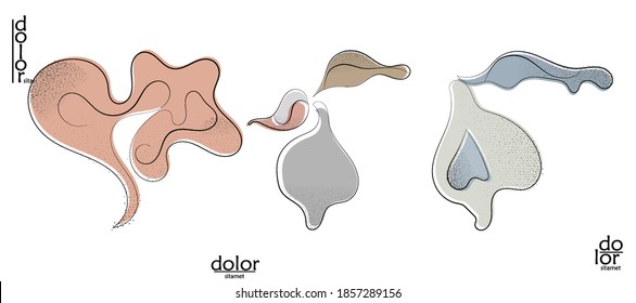 Abstract hand drawn vector artistic logo set isolated on white. Line art artistic illustration with texture. Retro flat colors organic natural Eco food design. Organic healthy vegan doodle.