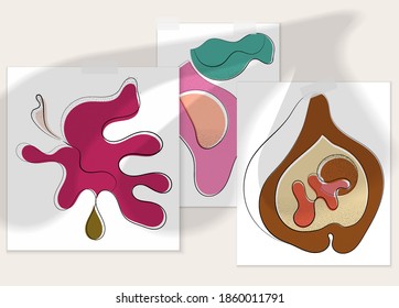 Abstrakter handgezeichneter Vektorgrafik-Plakat mit Schattenüberlagerung. Kunstausstellung in Linie mit Textur. Retro flache Farben organische natürliche Design. Organische gesunde veganische Doodle.