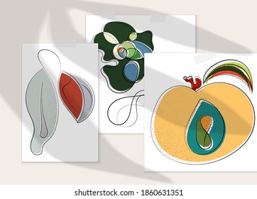 Abstract hand drawn vector artistic poster set with shadow overlay. Line art artistic illustration with texture. Retro flat colors organic natural design. Organic healthy vegan doodle.