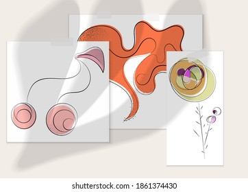 Abstract hand drawn vector artistic poster set with shadow overlay. Line art artistic illustration with texture. Retro flat colors organic natural design. Organic healthy vegan doodle.