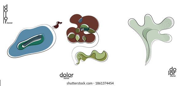 Abstract hand drawn vector artistic logo set isolated on white. Line art artistic illustration with texture. Retro flat colors organic natural Eco food design. Organic healthy vegan doodle.