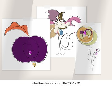 Abstract hand drawn vector artistic poster set with shadow overlay. Line art artistic illustration with texture. Retro flat colors organic natural design. Organic healthy vegan doodle.