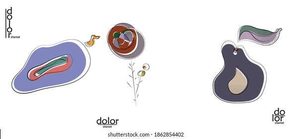 Abstract hand drawn vector artistic logo set isolated on white. Line art artistic illustration with texture. Retro flat colors organic natural Eco food design. Organic healthy vegan doodle.