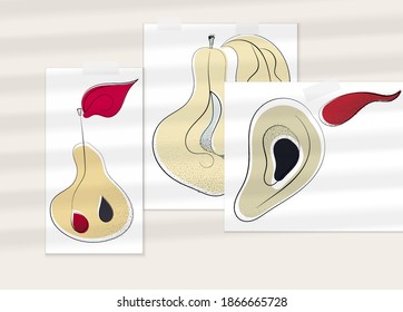 Abstract hand drawn vector artistic poster set with shadow overlay. Line art artistic illustration with texture. Retro flat colors organic natural design. Organic healthy vegan doodle.