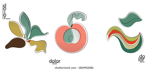 Abstraktes handgezeichnetes, Vektorgrafik-Logo einzeln auf Weiß. Kunstausstellung in Linie mit Textur. Retro flache Farben Bio-Natur Eco Food Design. Organische gesunde veganische Doodle.