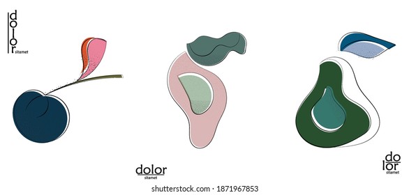 Abstract hand drawn vector artistic logo set isolated on white. Line art artistic illustration with texture. Retro flat colors organic natural Eco food design. Organic healthy vegan doodle.