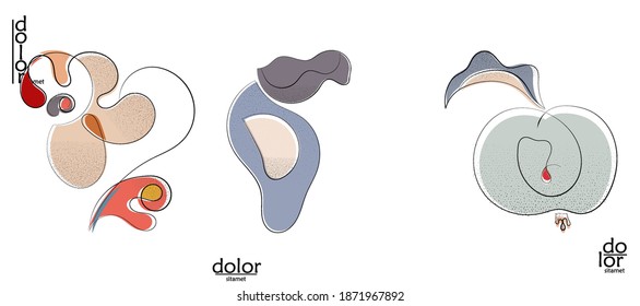 Abstract hand drawn vector artistic logo set isolated on white. Line art artistic illustration with texture. Retro flat colors organic natural Eco food design. Organic healthy vegan doodle.