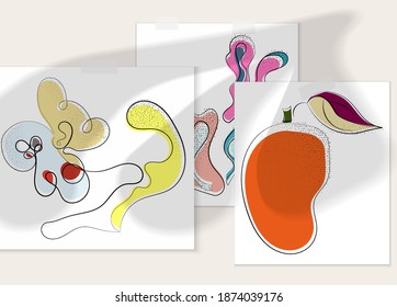 Resumen de afiche artístico vector dibujado a mano con superposición de sombra. Ilustración artística de línea con textura. Colores planos retro diseño natural orgánico. Doodle vegetal orgánico sano.