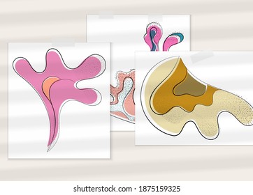 Abstract hand drawn vector artistic poster set with shadow overlay. Line art artistic illustration with texture. Retro flat colors organic natural design. Organic healthy vegan doodle.