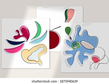 Abstract hand drawn vector artistic poster set with shadow overlay. Line art artistic illustration with texture. Retro flat colors organic natural design. Organic healthy vegan doodle.
