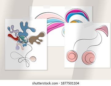 Abstract hand drawn vector artistic poster set with shadow overlay. Line art artistic illustration with texture. Retro flat colors organic natural design. Organic healthy vegan doodle.