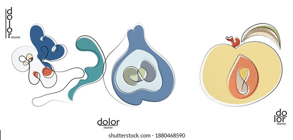 Resumen del logo artístico vectorial dibujado a mano aislado en blanco. Ilustración artística de línea con textura. Colores planos retro diseño ecológico de alimentos ecológicos naturales. Doodle vegetal orgánico sano.