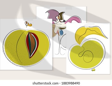 Abstract hand drawn vector artistic poster set with shadow overlay. Line art artistic illustration with texture. Retro flat colors organic natural design. Organic healthy vegan doodle.
