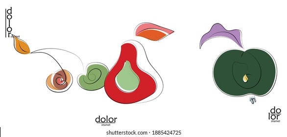Abstract hand drawn vector artistic logo set isolated on white. Line art artistic illustration with texture. Retro flat colors organic natural Eco food design. Organic healthy vegan doodle.