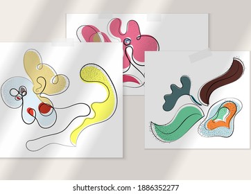 Resumen de afiche artístico vector dibujado a mano con superposición de sombra. Ilustración artística de línea con textura. Colores planos retro diseño natural orgánico. Doodle vegetal orgánico sano.