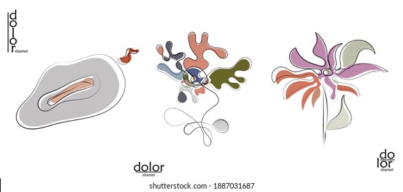 Abstract hand drawn vector artistic logo set isolated on white. Line art artistic illustration with texture. Retro flat colors organic natural Eco food design. Organic healthy vegan doodle.