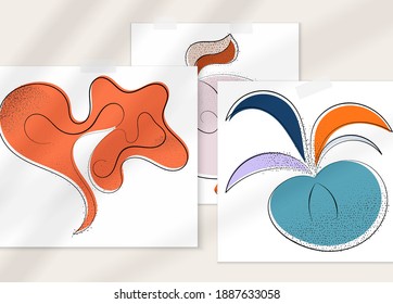 Abstract hand drawn vector artistic poster set with shadow overlay. Line art artistic illustration with texture. Retro flat colors organic natural design. Organic healthy vegan doodle.
