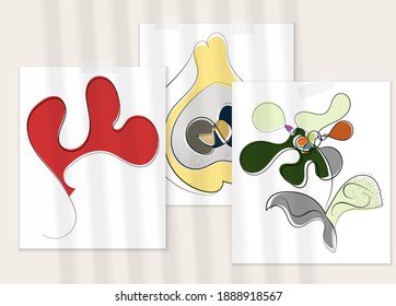 Abstract hand drawn vector artistic poster set with shadow overlay. Line art artistic illustration with texture. Retro flat colors organic natural design. Organic healthy vegan doodle.