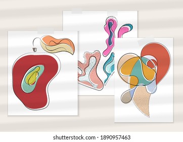 Abstract hand drawn vector artistic poster set with shadow overlay. Line art artistic illustration with texture. Retro flat colors organic natural design. Organic healthy vegan doodle.