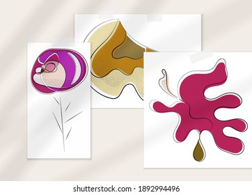 Abstract hand drawn vector artistic poster set with shadow overlay. Line art artistic illustration with texture. Retro flat colors organic natural design. Organic healthy vegan doodle.